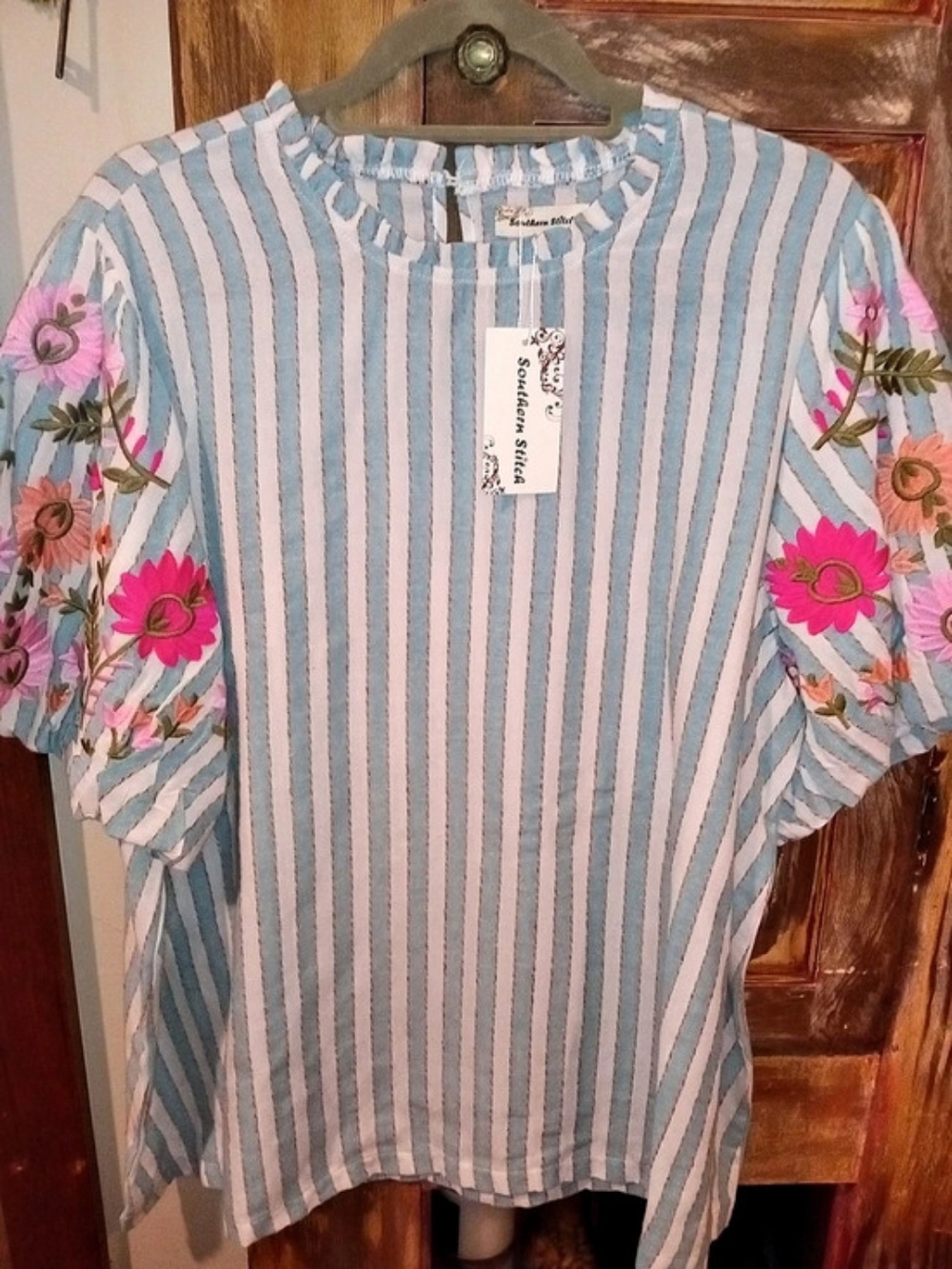 Southern Stitch Striped Floral Sleeve Blouse in Blue & White